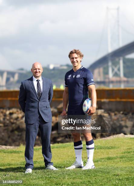 The Scotland Rugby Head Coach Gregor Townsend and captain Jamie Ritchie poses for photographs during the squad announcement prior to the Rugby World...