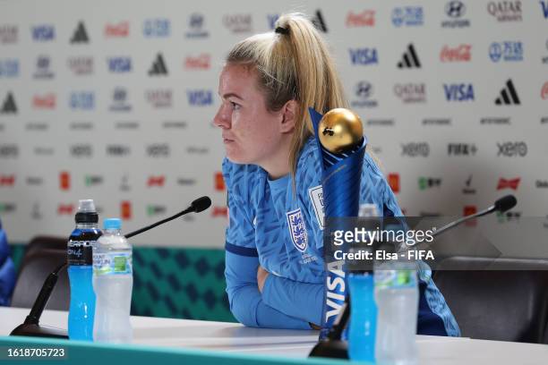 Visa Player of the Match Lauren Hemp of England speaks to the media in the post match press conference after defeating Australia during the FIFA...