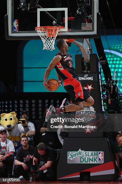 Terrence Ross of the Toronto Raptors goes up for a dunk in the first round during the Sprite Slam Dunk Contest part of 2013 NBA All-Star Weekend at...