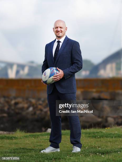 The Scotland Rugby Head Coach Gregor Townsend poses for photographs during the squad announcement prior to the Rugby World Cup on August 16, 2023 in...