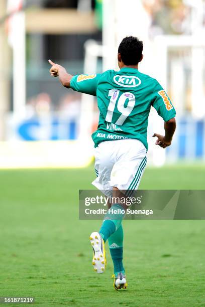 Vinicius of Palmeiras celebrates a goal against Corinthians during a match between Corinthians and Palmeiras as part of Paulista championship 2013 at...