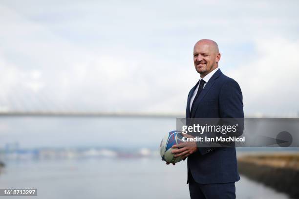 The Scotland Rugby Head Coach Gregor Townsend poses for photographs during the squad announcement prior to the Rugby World Cup on August 16, 2023 in...