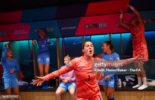 Mary Earps of England and teammates celebrate in the dressing room following victory during the FIFA Women's World Cup Australia & New Zealand 2023...