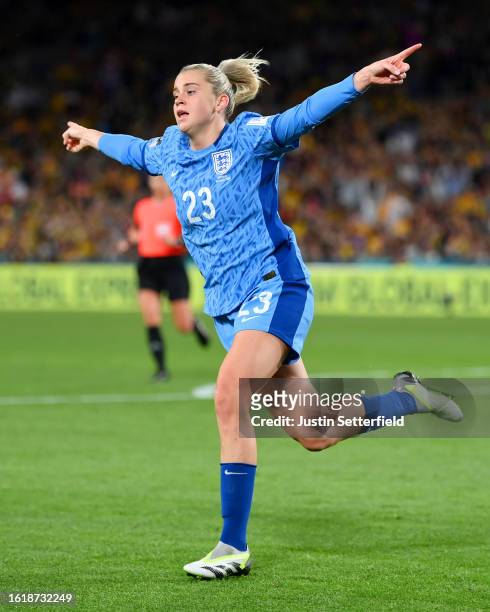 Alessia Russo of England celebrates after scoring her team's third goal during the FIFA Women's World Cup Australia & New Zealand 2023 Semi Final...