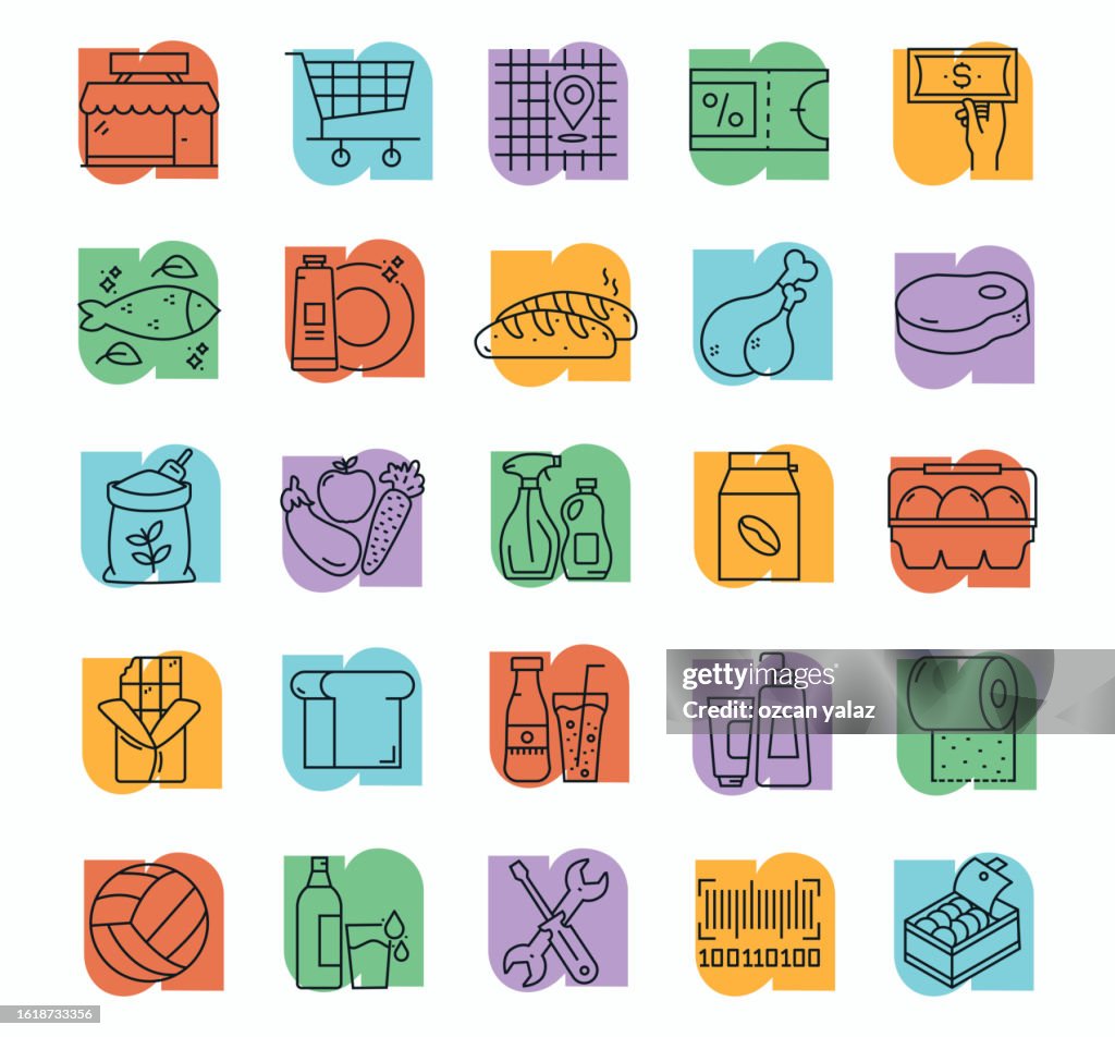 Grocery Line Icons Editable Stroke. Bakery , Fish , Meat , Chicken , Coffee , Shopping Basket , Egg