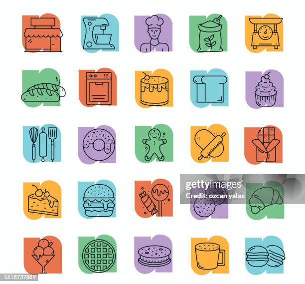 bakery line icons editable stroke. oven , flour , bead , chef , mixer , cake - artisanal food and drink stock illustrations