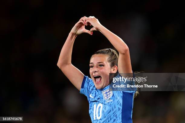 Ella Toone of England celebrates after scoring her team's first goal during the FIFA Women's World Cup Australia & New Zealand 2023 Semi Final match...