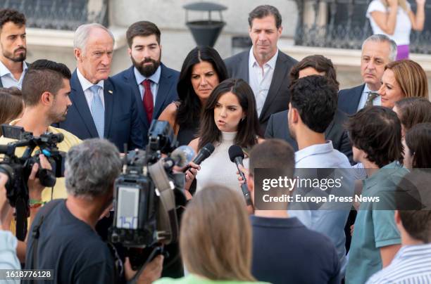 The new Vox spokeswoman in Congress, Pepa Millan, attends the media after presenting her credentials in Congress, on 16 August, 2023 in Madrid,...