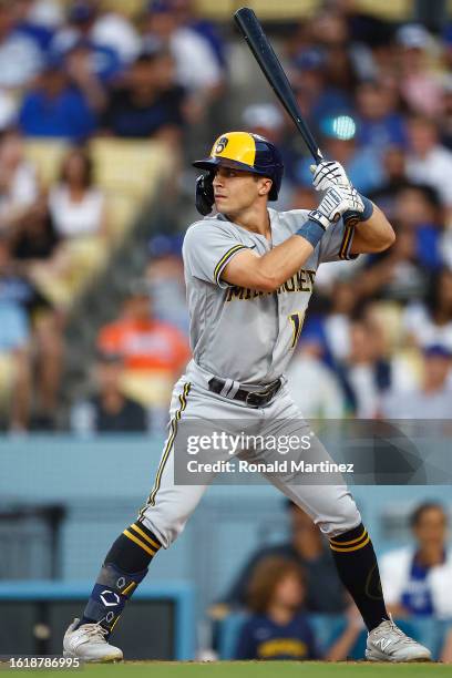 Sal Frelick of the Milwaukee Brewers in the first inning at Dodger Stadium on August 15, 2023 in Los Angeles, California.