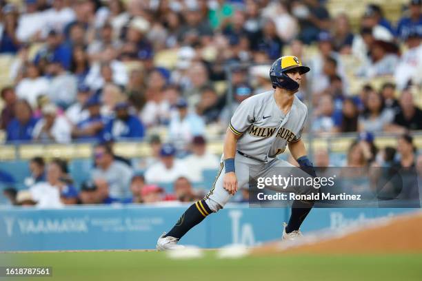 Sal Frelick of the Milwaukee Brewers in the first inning at Dodger Stadium on August 15, 2023 in Los Angeles, California.
