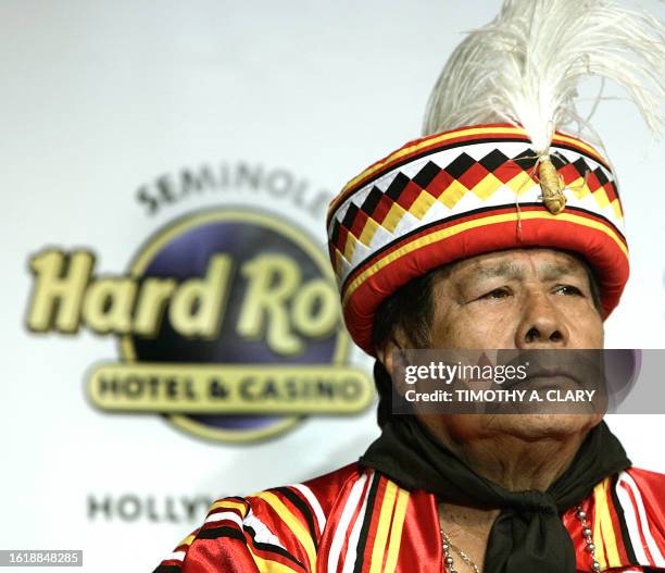 Medicine Man Bobby Henry of the Seminole Tribe of Florida listens to questions during a news conference at the Hard Rock Cafe in Times Square 07...