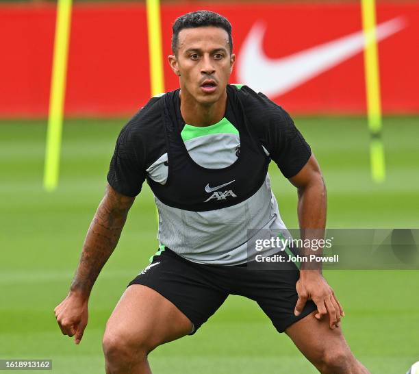 Thiago Alcantara of Liverpool during a training session at AXA Training Centre on August 16, 2023 in Kirkby, England.