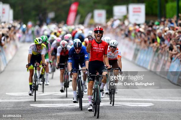 Luca Mozzato of Italy and Team Arkéa-Samsic celebrates at finish line as stage winner ahead of Lewis Askey of The United Kingdom and Team Groupama -...