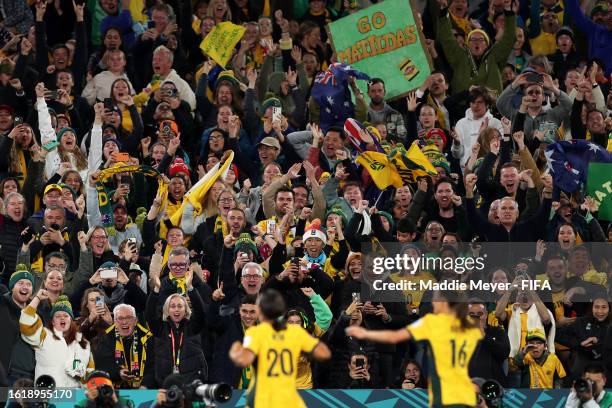 Sam Kerr of Australia celebrates with the crowd after scoring a goal during the FIFA Women's World Cup Australia & New Zealand 2023 Semi Final match...