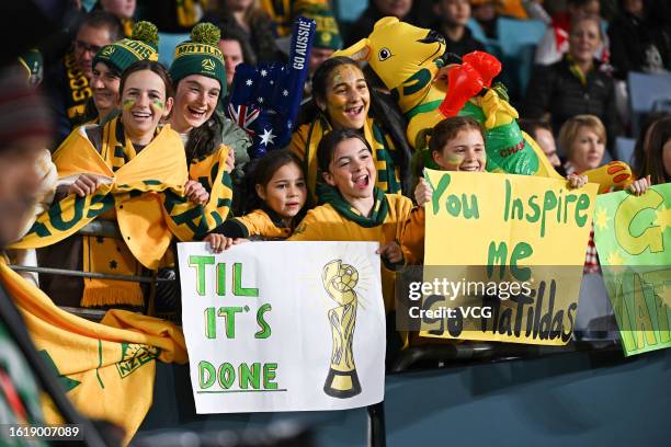Fans of Australia cheer during the FIFA Women's World Cup Australia & New Zealand 2023 Semi Final match between Australia and England at Stadium...