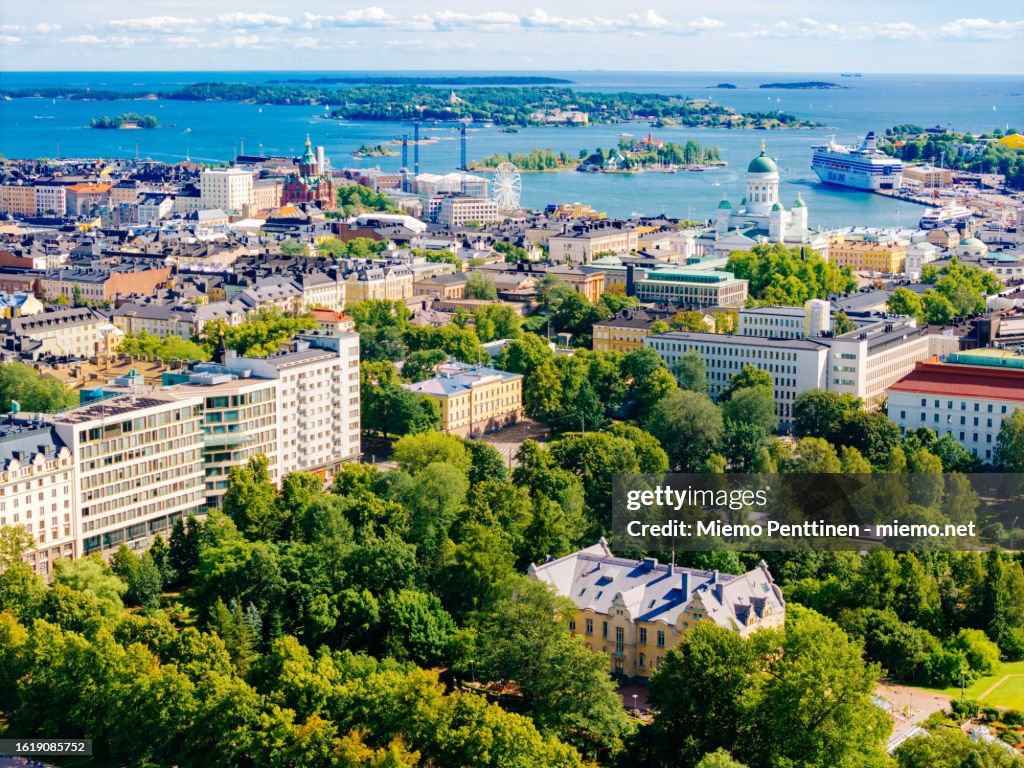 Aerial view to Kaisaniemi district and downtown Helsinki in summer