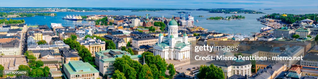 Wide aerial panorama of the Kruununhaka district and the Helsinki Cathedral in downtown Helsinki in summer