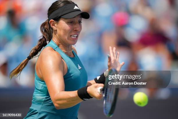 Jessica Pegula of the United States returns a shot to Martina Trevisan of Italy during their match at the Western & Southern Open at Lindner Family...