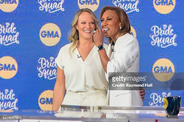 Amber Laign and Robin Roberts are seen on set of "Good Morning America" on August 16, 2023 in New York City.