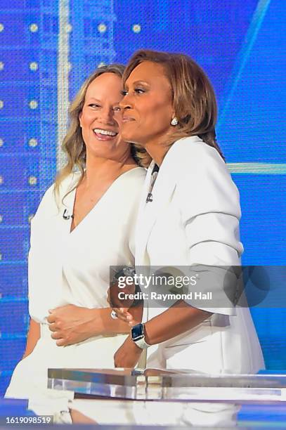Robin Roberts and Amber Laign seen on set of "Good Morning America" on August 16, 2023 in New York City.