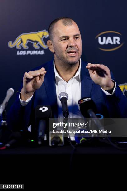 Michael Cheika head coach of Los Pumas during the Argentina rugby World Cup squad announcement press conference on August 7, 2023 in Buenos Aires,...