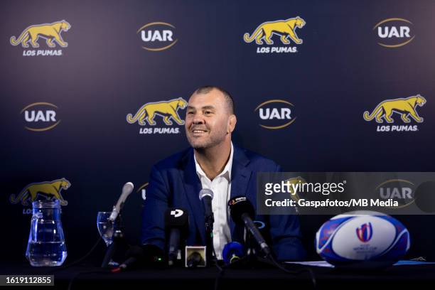 Michael Cheika head coach of Los Pumas during the Argentina rugby World Cup squad announcement press conference on August 7, 2023 in Buenos Aires,...