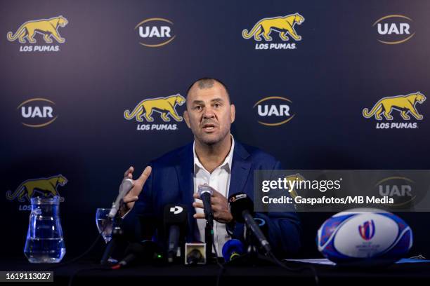 Michael Cheika head coach of Los Pumas during the Argentina rugby World Cup squad announcement press conference on August 7, 2023 in Buenos Aires,...