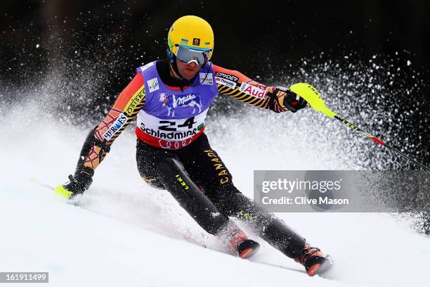 Michael Janyk of Canada skis in the Men's Slalom during the Alpine FIS Ski World Championships on February 17, 2013 in Schladming, Austria.