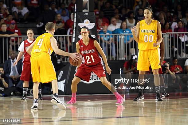 Player Ticha Penicheiro plays defense during the NBA Cares Special Olympics Unity Sports Basketball Game on Center Court during the 2013 NBA Jam...