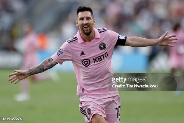 Lionel Messi of Inter Miami CF celebrates after scoring a goal in the first half during the Leagues Cup 2023 semifinals match between Inter Miami CF...