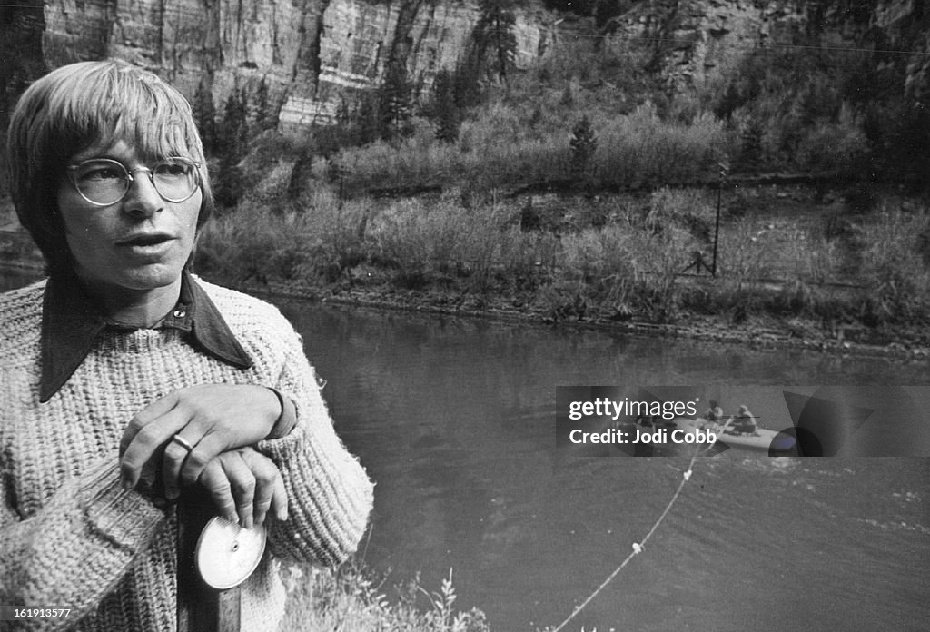 OCT 22 1974, 10-25-1974; John Denver Speaks, while in background, Kyak & raft demonstrate will rope 