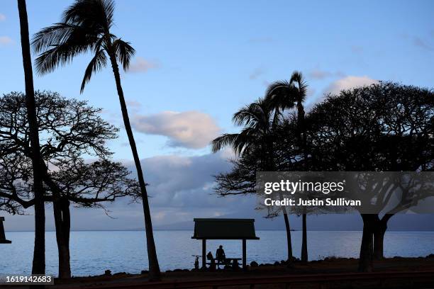 Resident takes shelter under a canopy on the beach near a neighborhood that was destroyed by a wildfire on August 16, 2023 in Lahaina, Hawaii. At...
