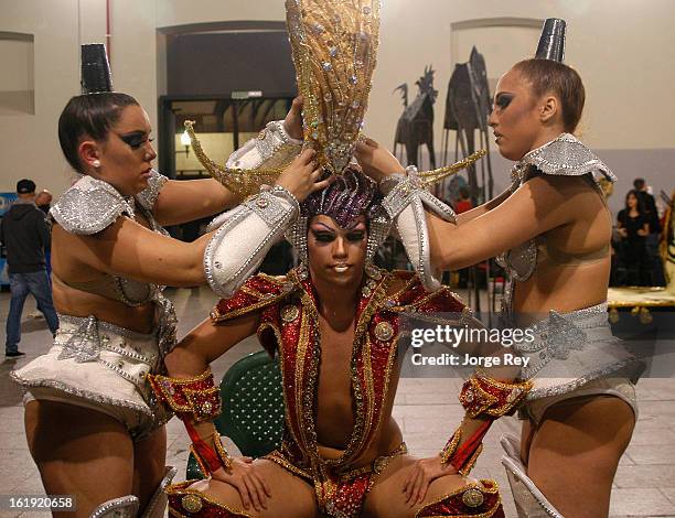 Actors of the Drag Queen Gala prepare to go on stage during the Carnival February 14, 2013 in Las Palmas de Gran Canaria, Spain.