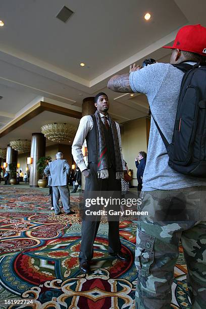 Paul George of the Eastern Conference All-Stars poses for a photograph prior to the 2013 NBA All-Star Game presented by Kia Motors on February 17,...