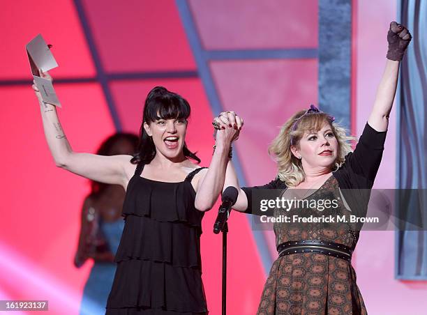 Presenters Pauley Perrette and Kristen Vangsness speak onstage at the 3rd Annual Streamy Awards at Hollywood Palladium on February 17, 2013 in...