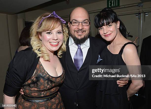 Actress Kirsten Vangsness, producer Anthony Zuiker and actress Pauley Perrette attend the 3rd Annual Streamy Awards at Hollywood Palladium on...