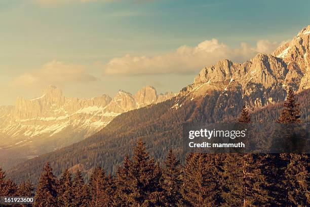 berge bei sonnenuntergang - gebirgskette latemar stock-fotos und bilder