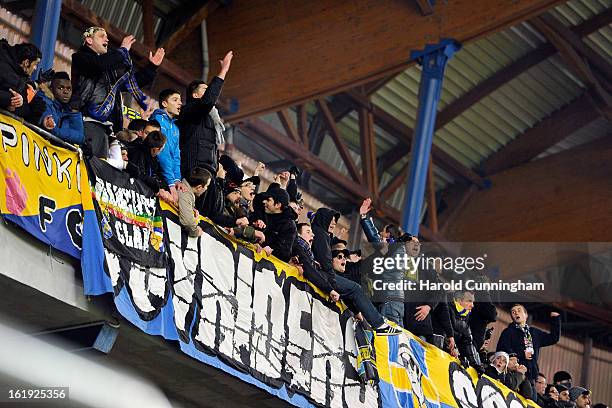 Sochaux-Montbeliard cheer on their team during the French League 1 football match between FC Sochaux-Montbeliard and Paris Saint-Germain FC at Stade...