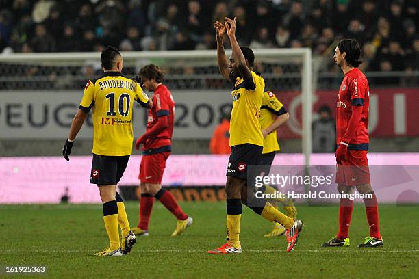 Giovanni Sio of FC Sochaux-Montbeliard celebrates his goal during the French League 1 football match between FC Sochaux-Montbeliard and Paris...