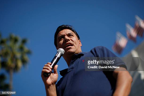Los Angeles Councilman Jose Huizar speaks on the steps of City Hall during the "Forward on Climate" rally to call on President Obama to take strong...