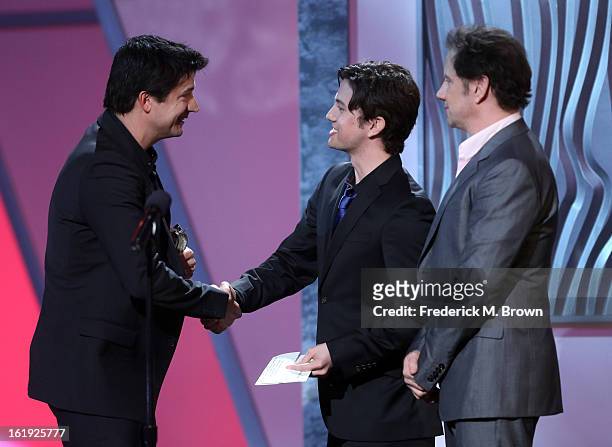 Actor Ken Marino accepts the award for Best Male Performance from presenters Jackson Rathbone and Jamie Kennedy onstage at the 3rd Annual Streamy...