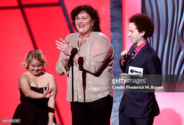 Presenters Lauren Potter, Dot Jones and Josh Sussman speak onstage at the 3rd Annual Streamy Awards at Hollywood Palladium on February 17, 2013 in...