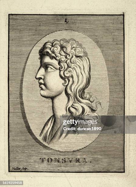 ancient greek man with a theseus cut hairstyle, tonsura, art classical, 18th century etching - mullet stock illustrations