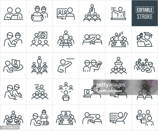 bildbanksillustrationer, clip art samt tecknat material och ikoner med job training and professional development thin line icons - editable stroke - praktikant
