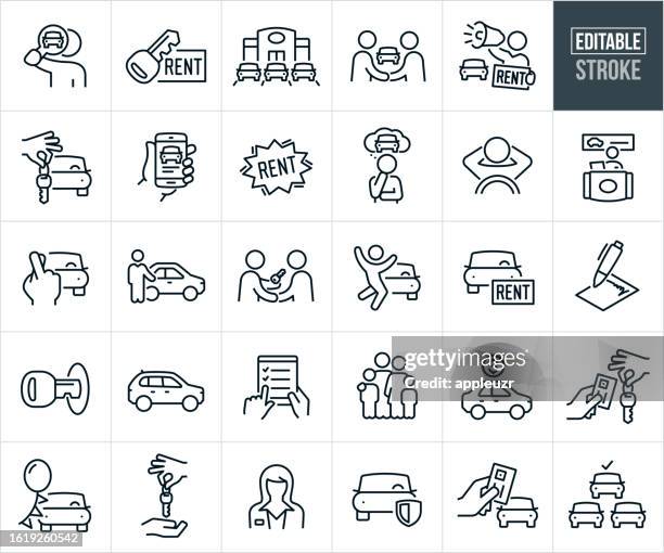 illustrations, cliparts, dessins animés et icônes de location de voiture icônes de ligne mince - trait modifiable - accueil client