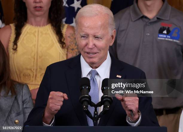 President Joe Biden delivers remarks on the first anniversary of the Inflation Reduction Act in the East Room at the White House on August 16, 2023...
