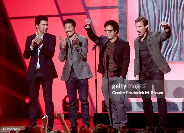 Presenters Ian Anthony Dale, Kevin Tancharoen, Brian Tee and Casper Van Dien speak onstage at the 3rd Annual Streamy Awards at Hollywood Palladium on...