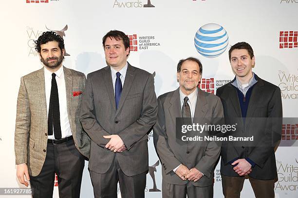 Writers Rob Dubbin, Michael Brumm, and guests attend the 65th annual Writers Guild East Coast Awards at B.B. King Blues Club & Grill on February 17,...