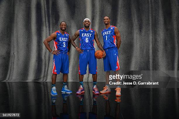 Dwyane Wade, LeBron James, and Chris Bosh of the Eastern Conference All-Stars poses for portraits prior to the 2013 NBA All-Star Game at Toyota...