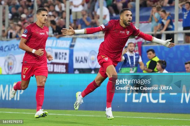 Yousseff En-Nesyri of Sevilla celebrates after scoring the team's first goal during the UEFA Super Cup 2023 match between Manchester City FC and...